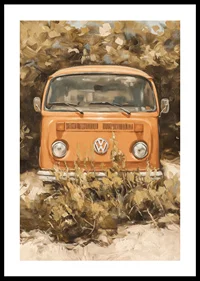 En poster av en klassisk orange folkabuss, omgiven av vildvuxen natur-0