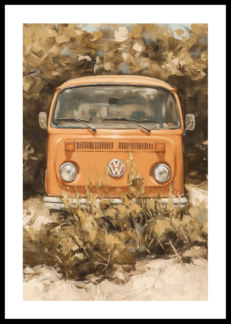 En poster av en klassisk orange folkabuss, omgiven av vildvuxen natur-12