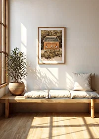 En poster av en klassisk orange folkabuss, omgiven av vildvuxen natur-8