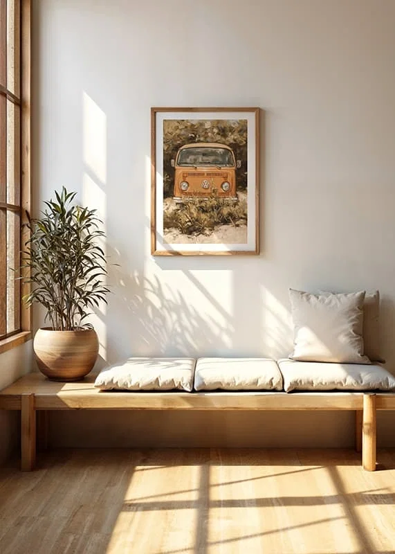 En poster av en klassisk orange folkabuss, omgiven av vildvuxen natur-12