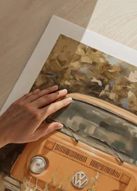 En poster av en klassisk orange folkabuss, omgiven av vildvuxen natur-9