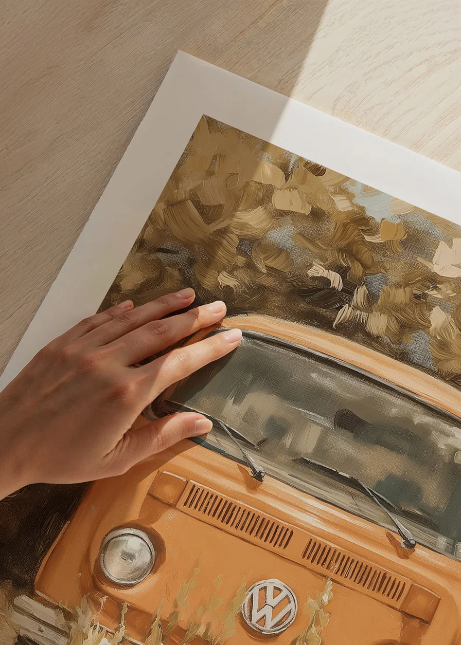En poster av en klassisk orange folkabuss, omgiven av vildvuxen natur-12