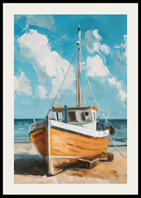 Een poster van een houten boot die rust op een zonnig strand met de oceaan op de achtergrond-2