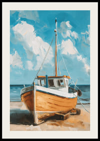 A poster of a wooden boat resting on a sunny beach with the ocean in the background-2