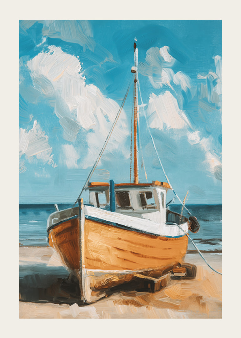 Een poster van een houten boot die rust op een zonnig strand met de oceaan op de achtergrond-12