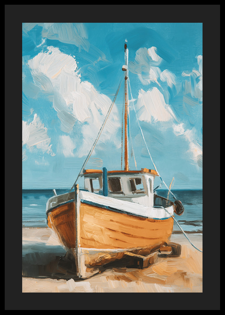 Een poster van een houten boot die rust op een zonnig strand met de oceaan op de achtergrond-12