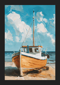 Een poster van een houten boot die rust op een zonnig strand met de oceaan op de achtergrond-5