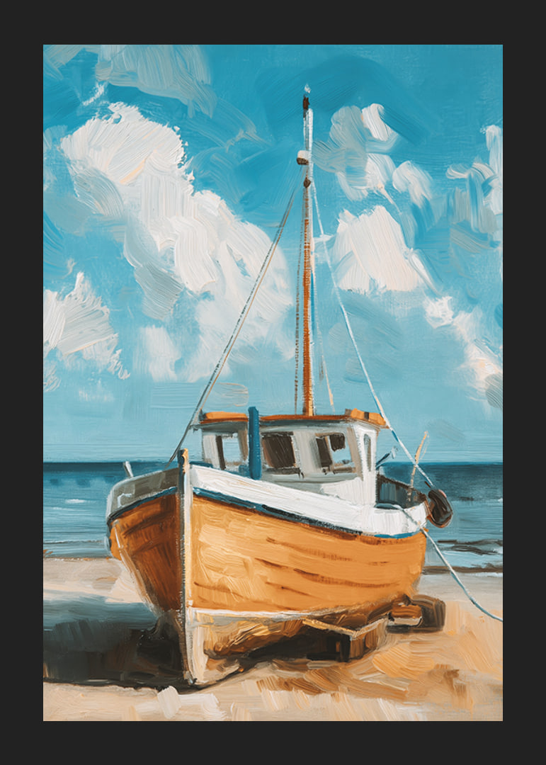 Een poster van een houten boot die rust op een zonnig strand met de oceaan op de achtergrond-12
