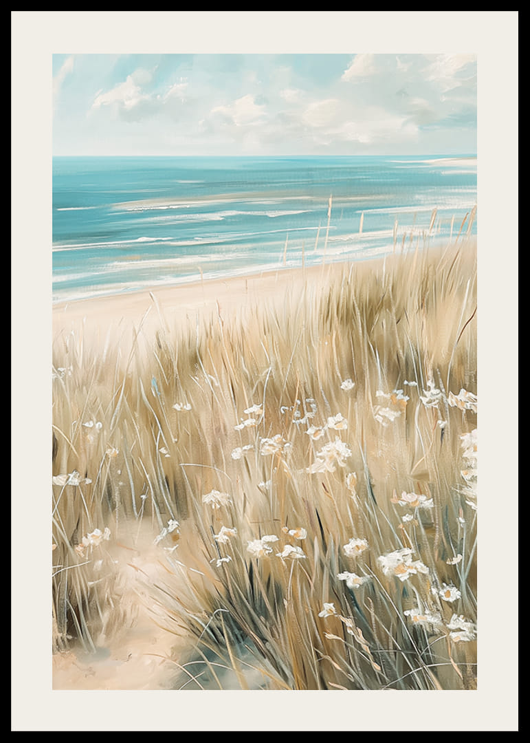 A poster of a sunny beach with waving grass, wildflowers and a sparkling ocean in the background-12