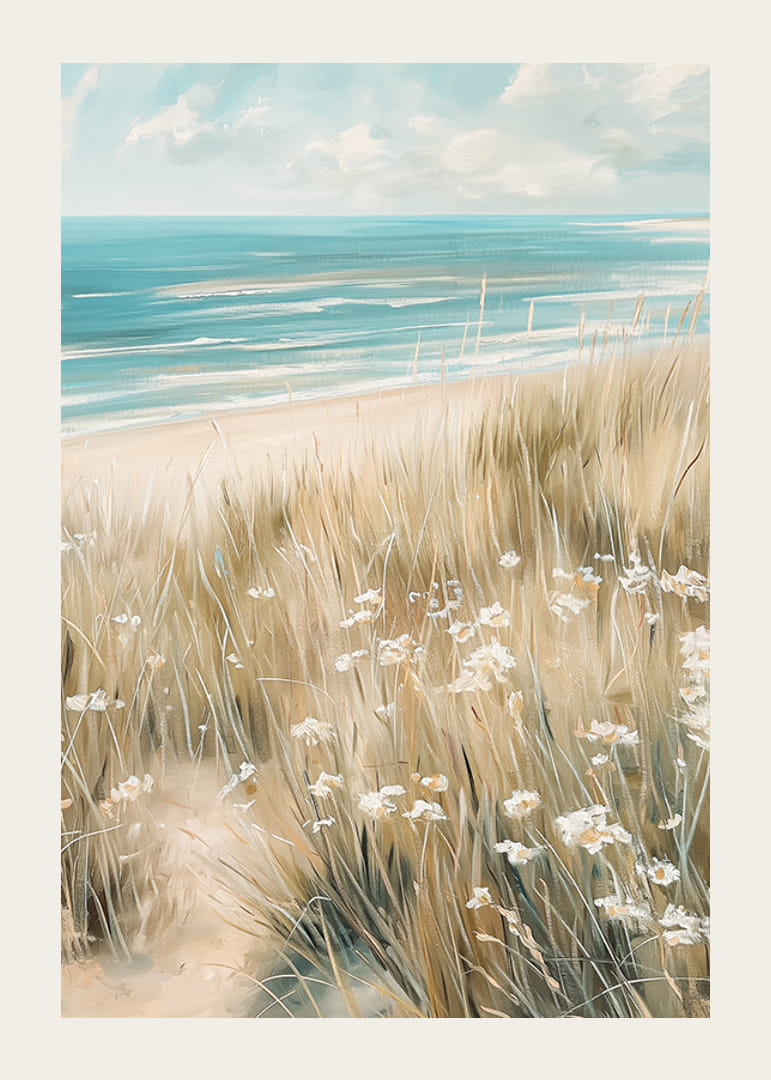 A poster of a sunny beach with waving grass, wildflowers and a sparkling ocean in the background-12