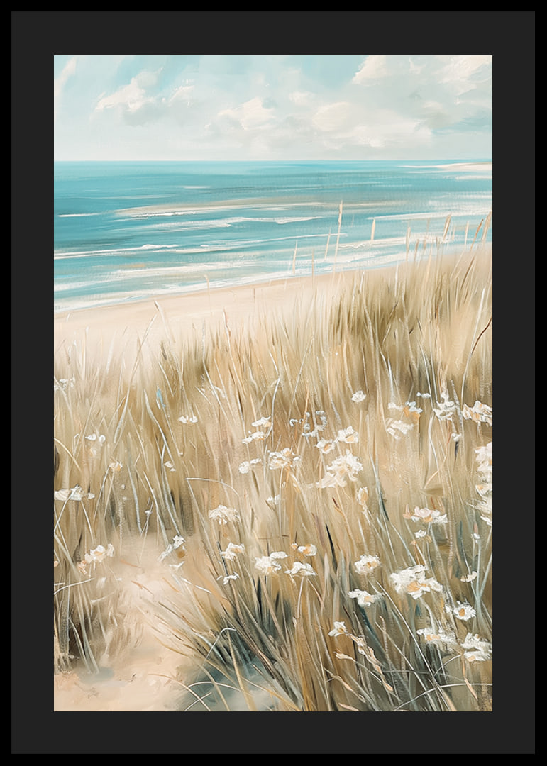 A poster of a sunny beach with waving grass, wildflowers and a sparkling ocean in the background-12