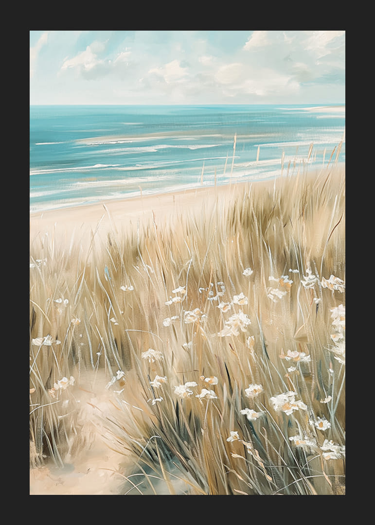A poster of a sunny beach with waving grass, wildflowers and a sparkling ocean in the background-12