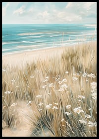 A poster of a sunny beach with waving grass, wildflowers and a sparkling ocean in the background-6