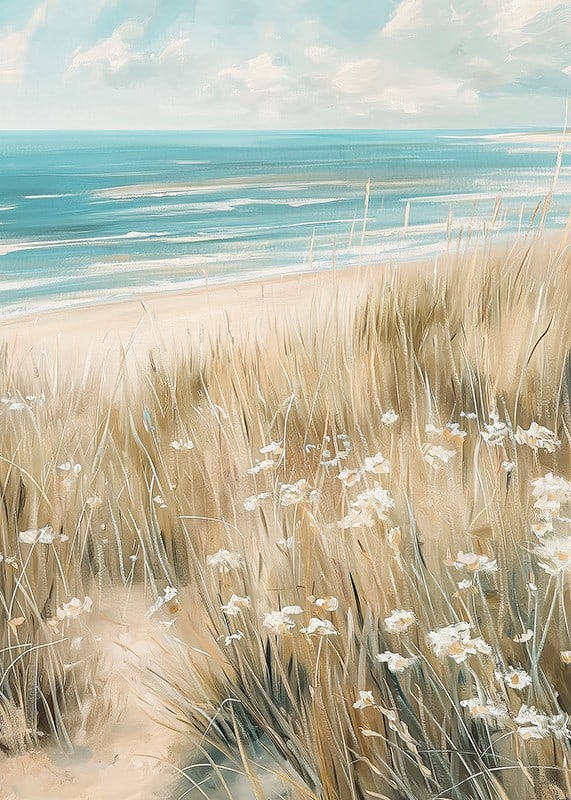 A poster of a sunny beach with waving grass, wildflowers and a sparkling ocean in the background-12