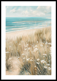 A poster of a sunny beach with waving grass, wildflowers and a sparkling ocean in the background-0