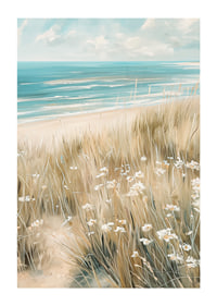 A poster of a sunny beach with waving grass, wildflowers and a sparkling ocean in the background-1