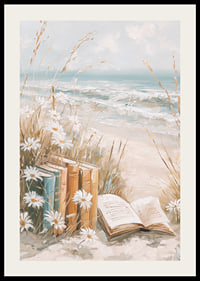 En poster av böcker bland prästkragar vid en solig strand med havets vågor i bakgrunden-2