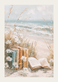 A poster of books among daisies on a sunny beach with ocean waves in the background-3