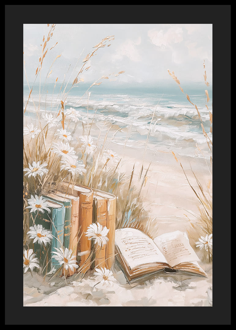 A poster of books among daisies on a sunny beach with ocean waves in the background-12
