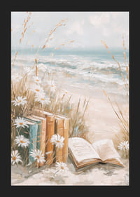 A poster of books among daisies on a sunny beach with ocean waves in the background-5
