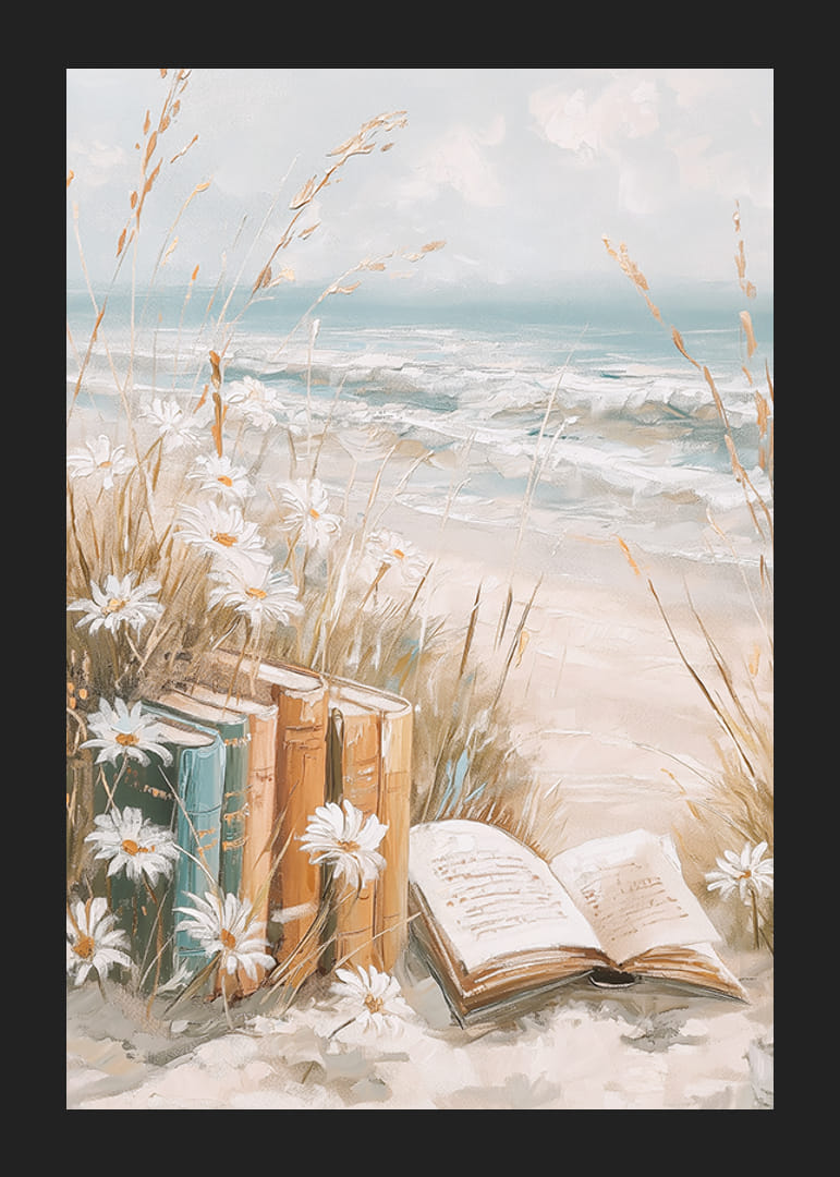 A poster of books among daisies on a sunny beach with ocean waves in the background-12