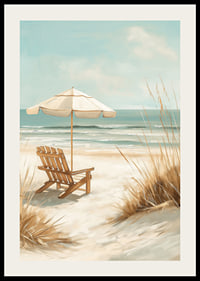 A poster of a sunny beach with a wooden chair and parasol looking out over the sea-2