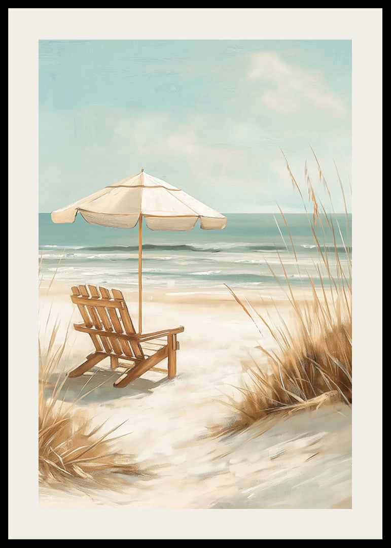 A poster of a sunny beach with a wooden chair and parasol looking out over the sea-12