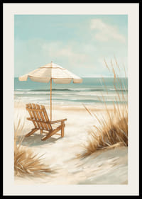 A poster of a sunny beach with a wooden chair and parasol looking out over the sea-2