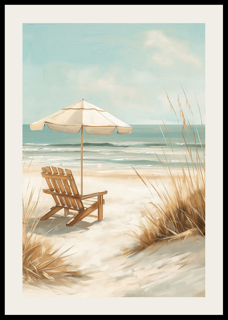 A poster of a sunny beach with a wooden chair and parasol looking out over the sea-12