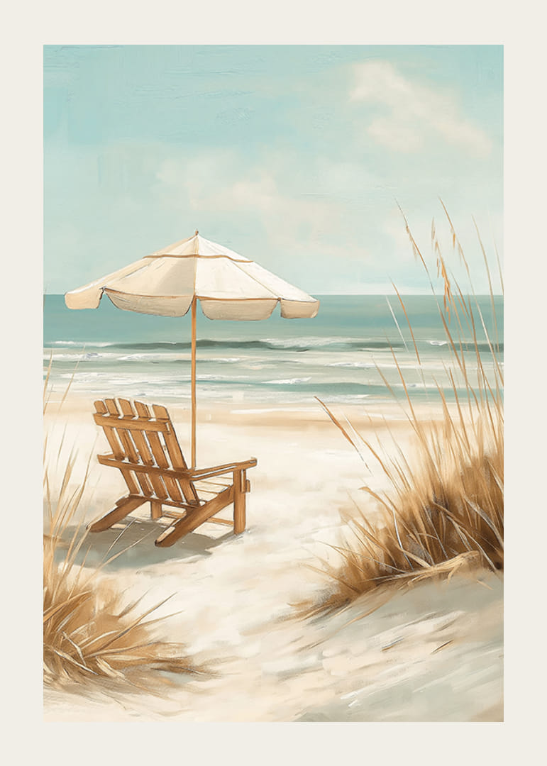 A poster of a sunny beach with a wooden chair and parasol looking out over the sea-12