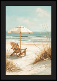 A poster of a sunny beach with a wooden chair and parasol looking out over the sea-4
