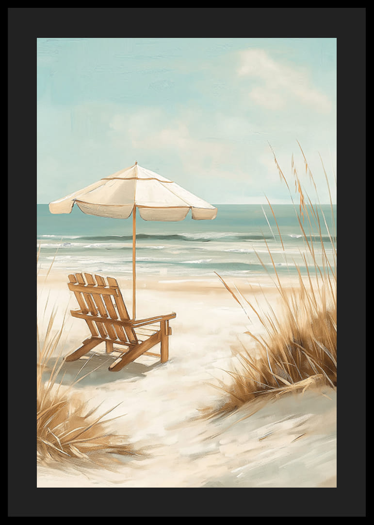 A poster of a sunny beach with a wooden chair and parasol looking out over the sea-12