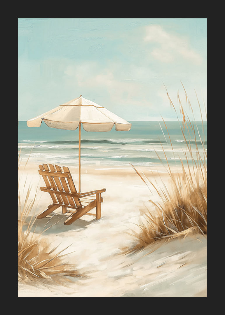 A poster of a sunny beach with a wooden chair and parasol looking out over the sea-12