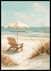 A poster of a sunny beach with a wooden chair and parasol looking out over the sea-6