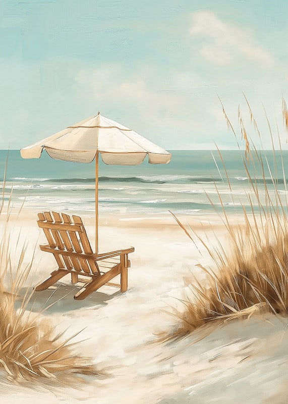 A poster of a sunny beach with a wooden chair and parasol looking out over the sea-12