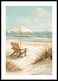 A poster of a sunny beach with a wooden chair and parasol looking out over the sea-0
