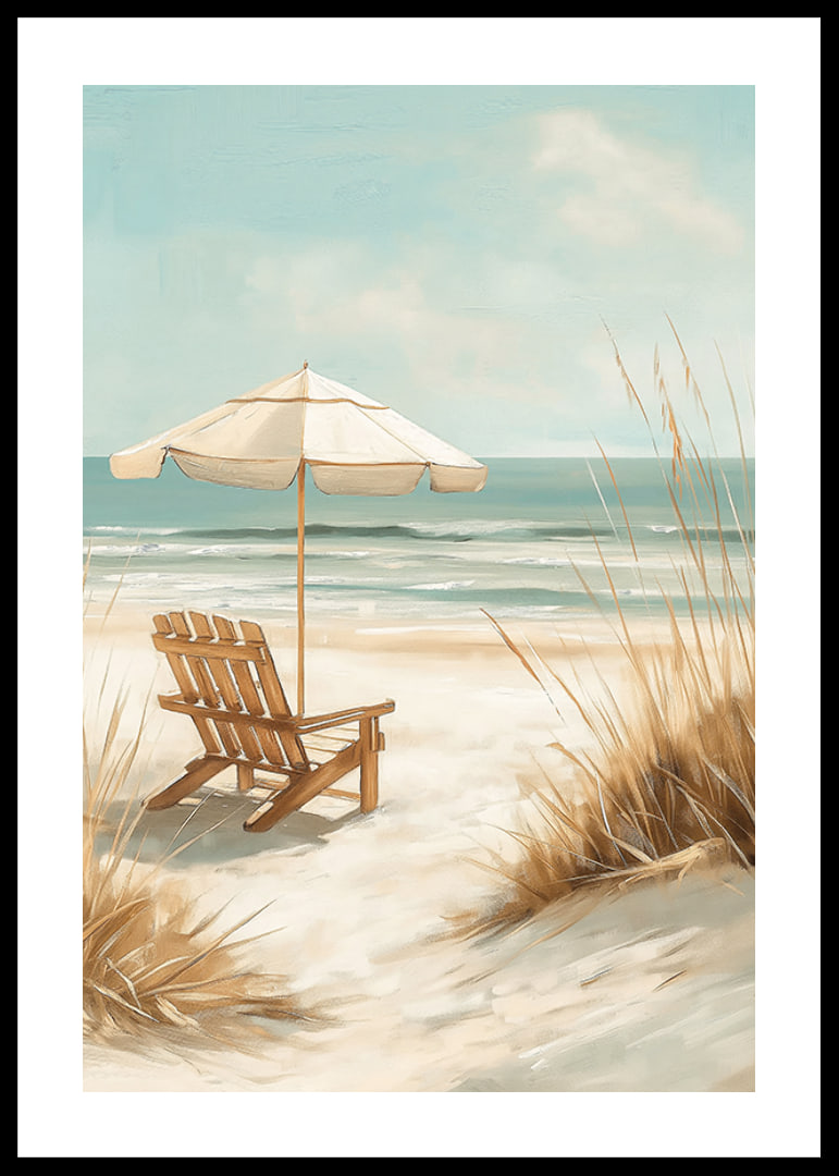 A poster of a sunny beach with a wooden chair and parasol looking out over the sea-12