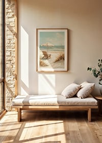 A poster of a sunny beach with a wooden chair and parasol looking out over the sea-8