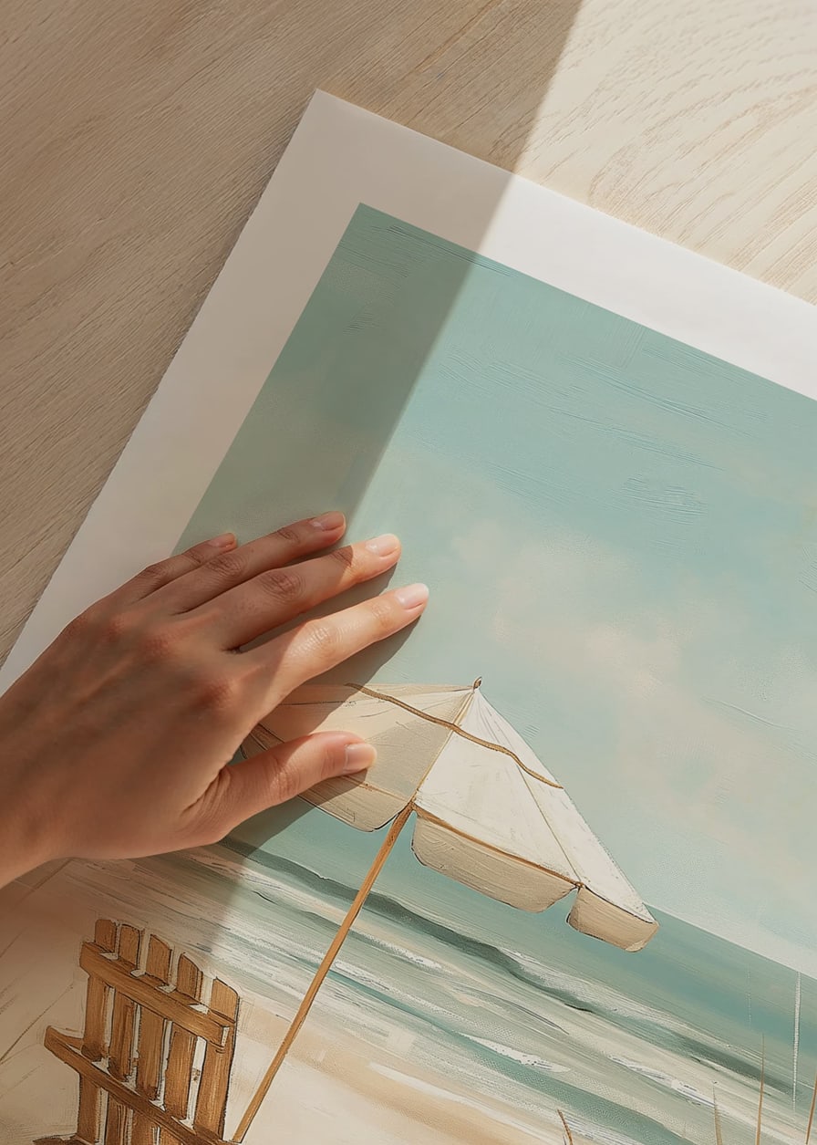 A poster of a sunny beach with a wooden chair and parasol looking out over the sea-12