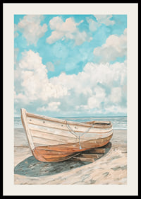 Ein Poster eines klassischen Holzboots, das an einem sonnigen Strand mit dem Meer im Hintergrund ruht-2