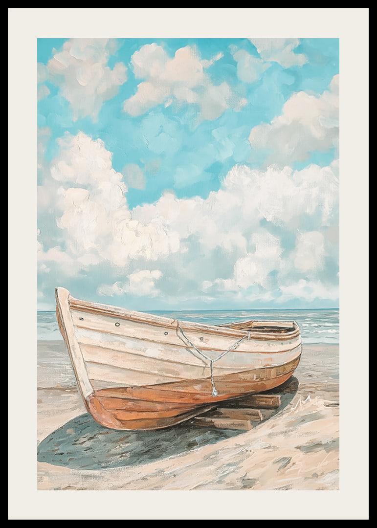 Ein Poster eines klassischen Holzboots, das an einem sonnigen Strand mit dem Meer im Hintergrund ruht-12