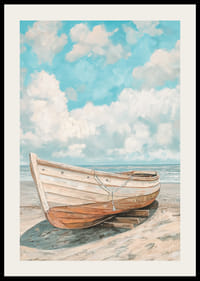 En poster av en klassisk träbåt som vilar på en solig strand med havet i bakgrunden-2