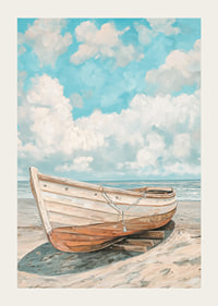 Ein Poster eines klassischen Holzboots, das an einem sonnigen Strand mit dem Meer im Hintergrund ruht-3