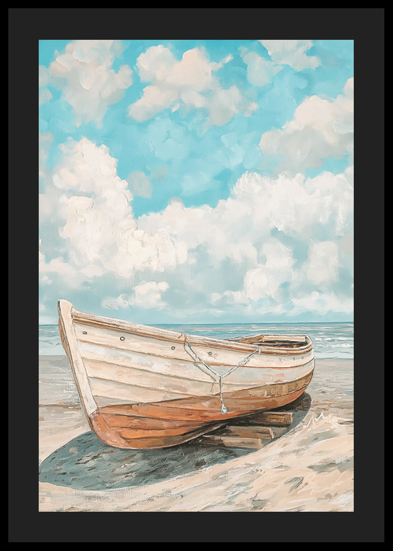 Ein Poster eines klassischen Holzboots, das an einem sonnigen Strand mit dem Meer im Hintergrund ruht-12