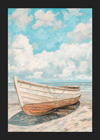 Ein Poster eines klassischen Holzboots, das an einem sonnigen Strand mit dem Meer im Hintergrund ruht-5