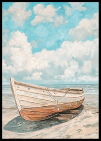 Ein Poster eines klassischen Holzboots, das an einem sonnigen Strand mit dem Meer im Hintergrund ruht-6