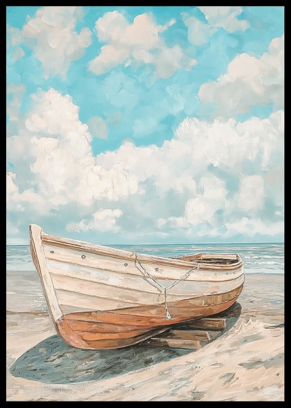 Ein Poster eines klassischen Holzboots, das an einem sonnigen Strand mit dem Meer im Hintergrund ruht-12