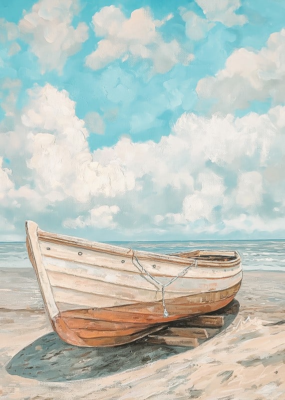 Ein Poster eines klassischen Holzboots, das an einem sonnigen Strand mit dem Meer im Hintergrund ruht-12