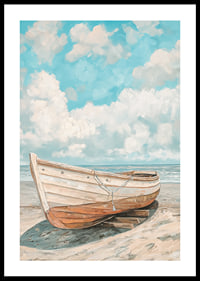 Ein Poster eines klassischen Holzboots, das an einem sonnigen Strand mit dem Meer im Hintergrund ruht-0