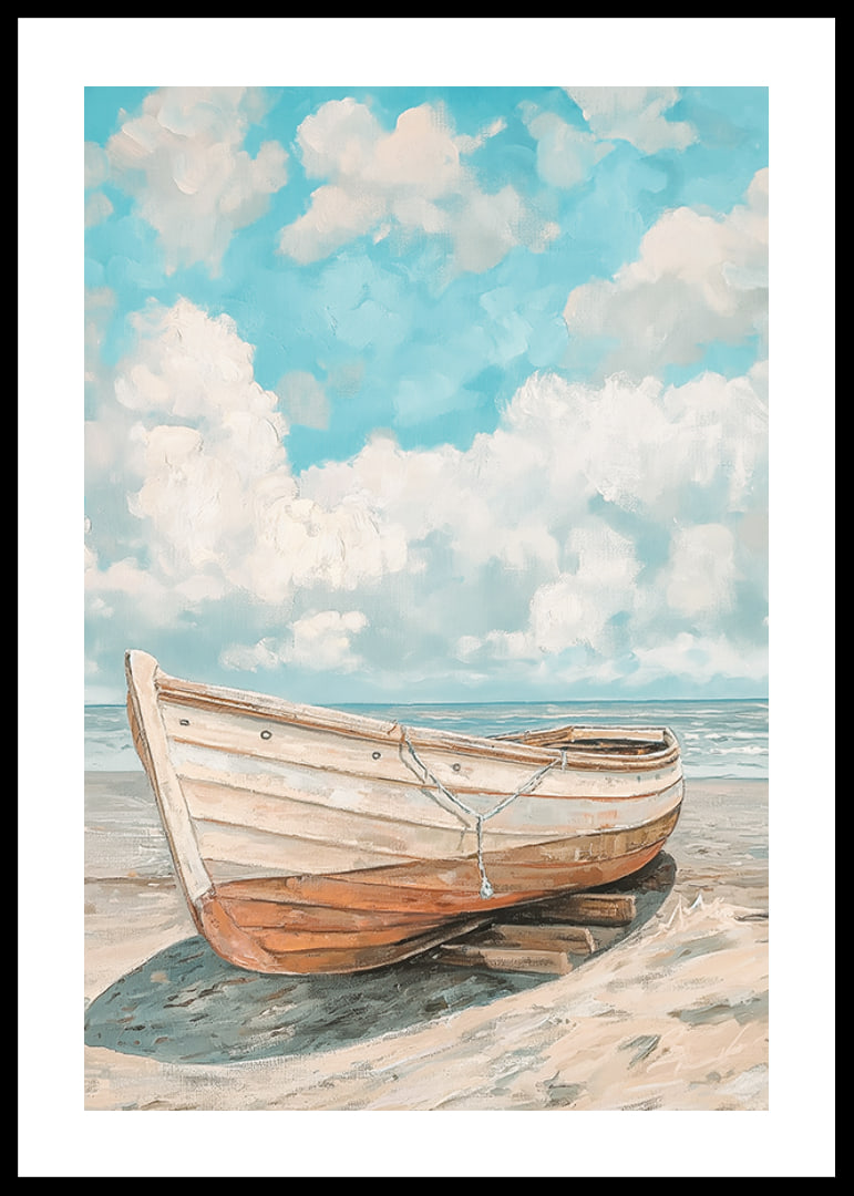 Ein Poster eines klassischen Holzboots, das an einem sonnigen Strand mit dem Meer im Hintergrund ruht-12
